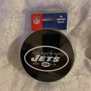 NY Jets Tin Coaster Set by Encore  5 Tin  Cork Back Coasters in a Metal Tin NEW